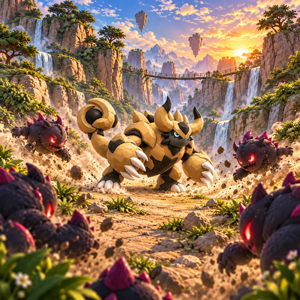 An evolved Earth Rutimon faces rival creatures in a canyon