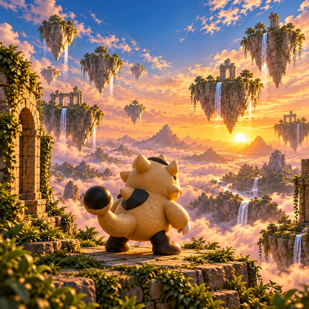 A small Earth Rutimon looks out over floating islands and waterfalls at sunset