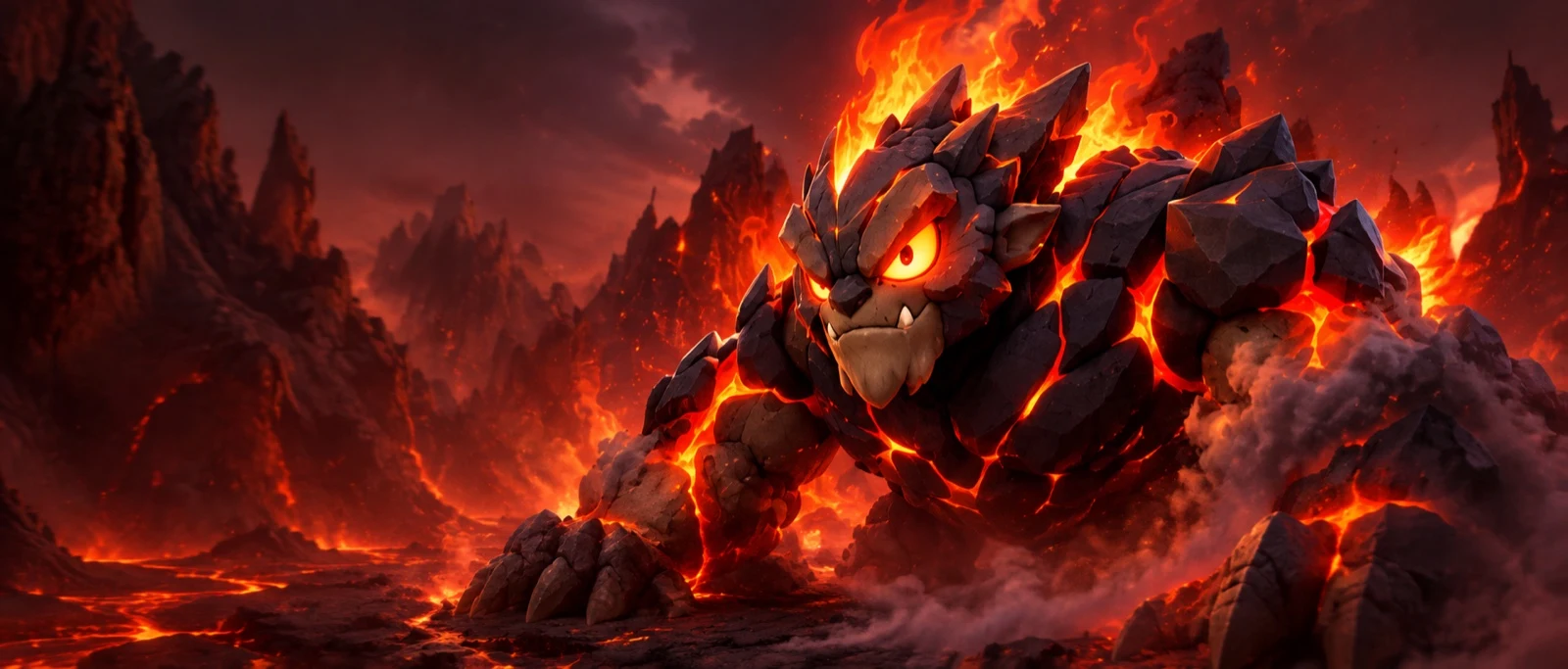 Volkarox, the Fire boss, wearing volcanic rock armour among flames and lava